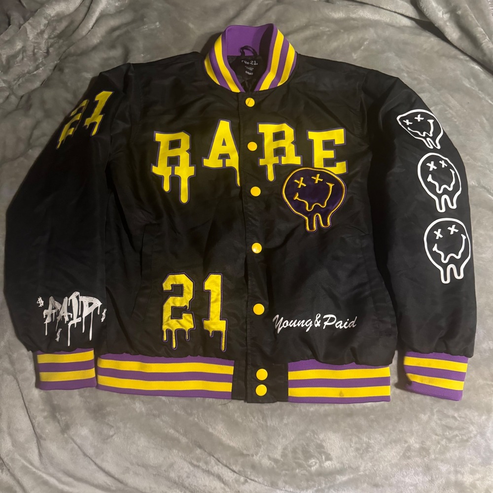 Rue21 Men's "RARE" Young & Paid Varsity Bomber Jacket Black/Yellow/Purple